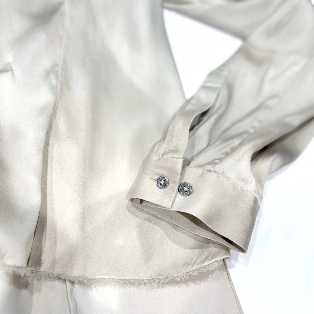 Elie Tahari Women Silk Blouse S Ivory Abstract Print Fringe High-Low Quiet Luxur - Picture 5 of 11